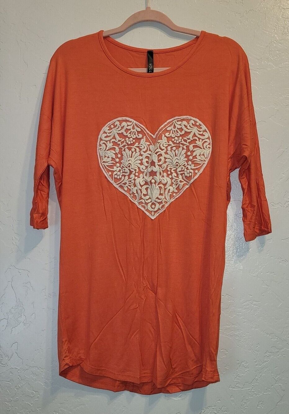 New Womens Sz S 3/4 Sleeve Tunic Top Shirt Dolman Sleeve Lace Heart Pink Stretch